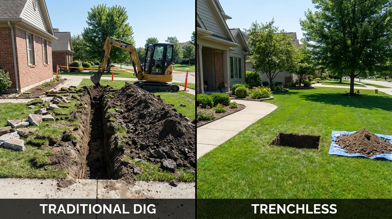 Trenchless sewer repair with minimal yard damage versus traditional excavation in Kingston, OH