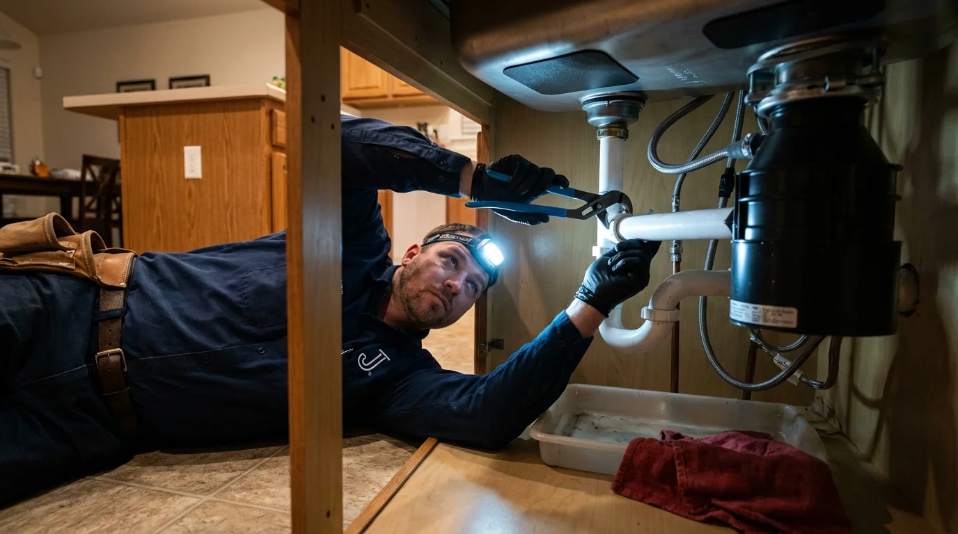 P-trap and supply line connections under a kitchen sink showing a common leak point in Kingston, OH